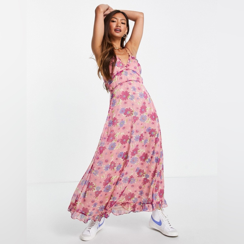 NEW MANGO Pink Floral Flowy Maxi Dress - XS